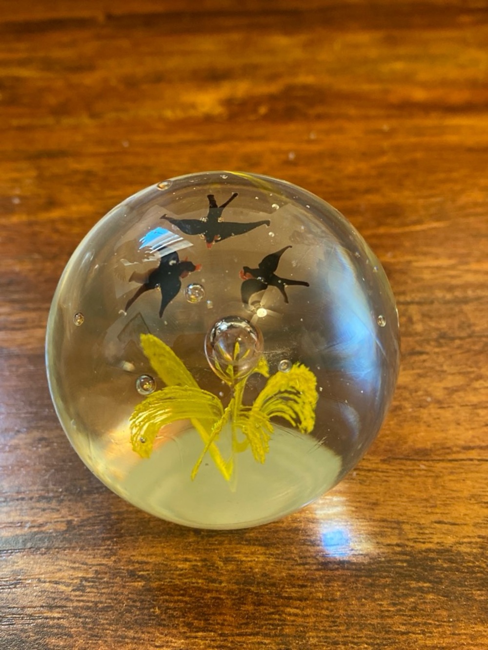 Glass Bird Paperweight with Yellow Flower and Flying Birds
